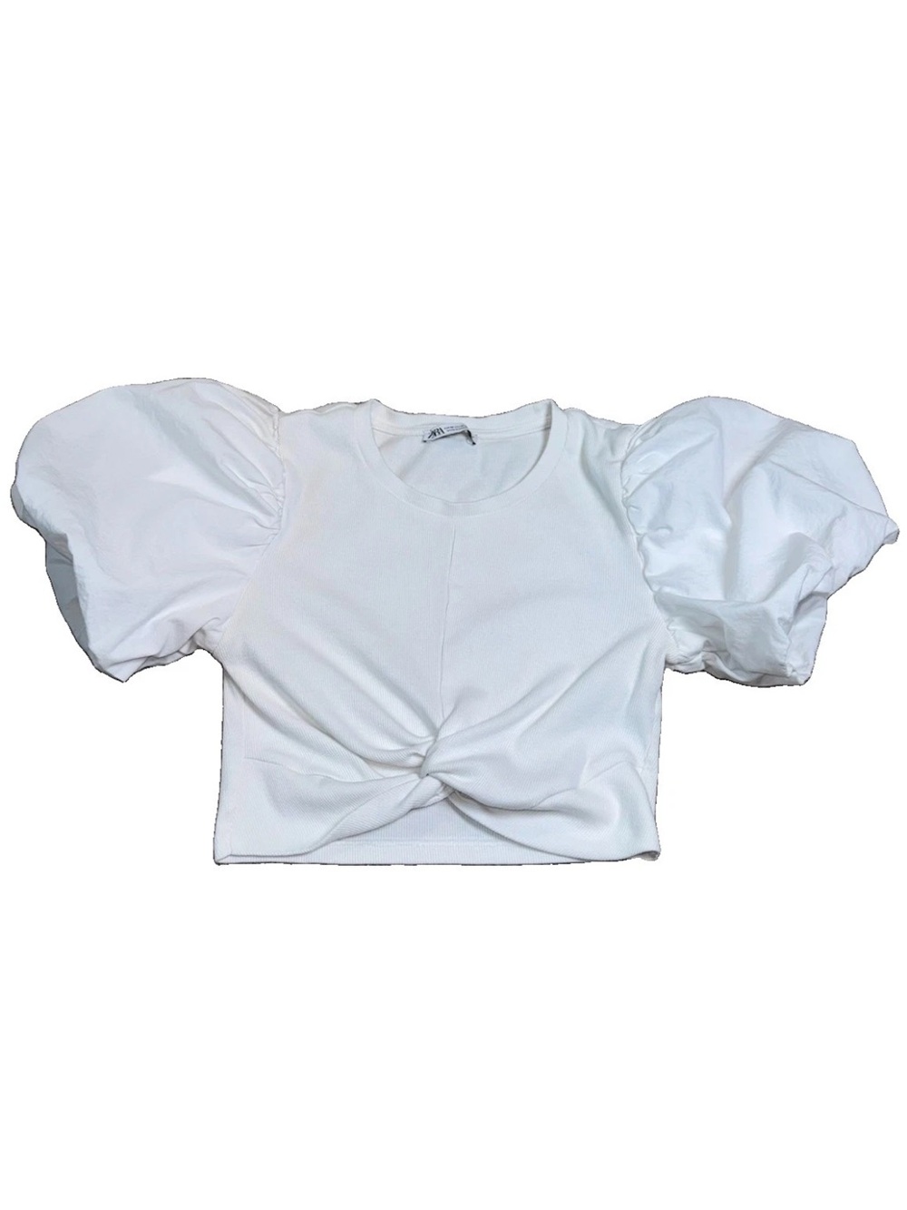 Zara Women’s M White Puff Sleeve Ribbed Crop Top Twist Front Cotton